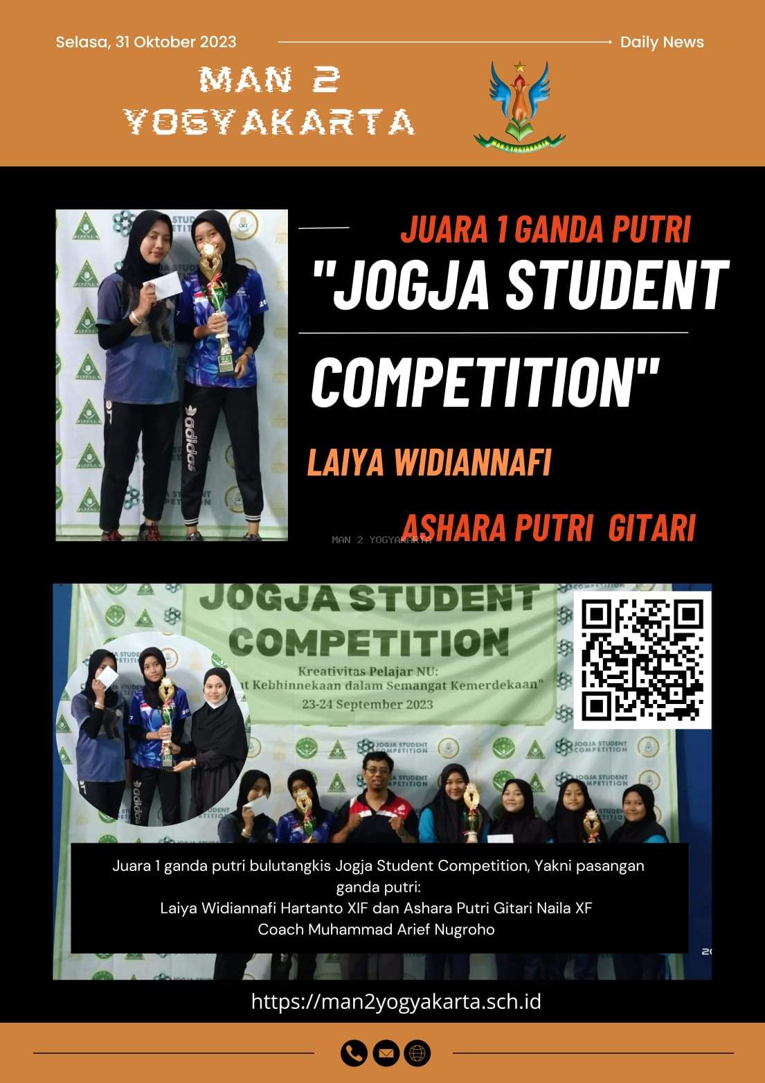 Laiya Widiannafi  dan Ashara Putri Gitari Naila Raih Juara 1 Ganda Putri Jogja Student Competition