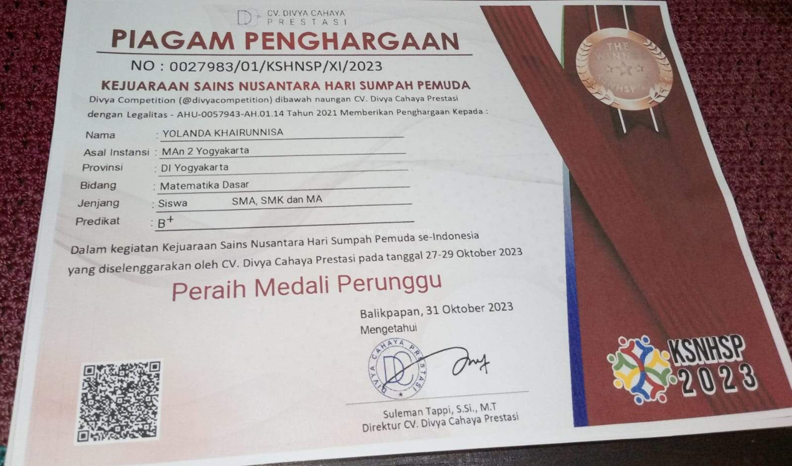 Yolanda Khairunnisa Raih Medali Perunggu Bidang Matematika Lomba Sains Nasional