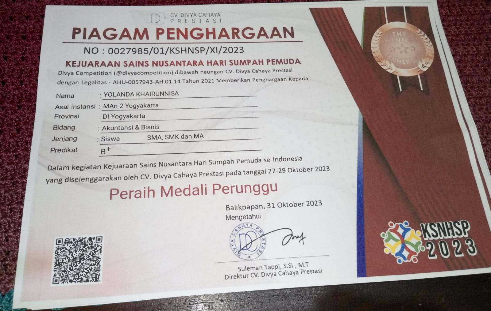 Medali Perunggu Bidang Akuntansi Lomba Sains Nasional Diraih Yolanda Khairunnisa, Siswa MAN 2 Yogyakarta