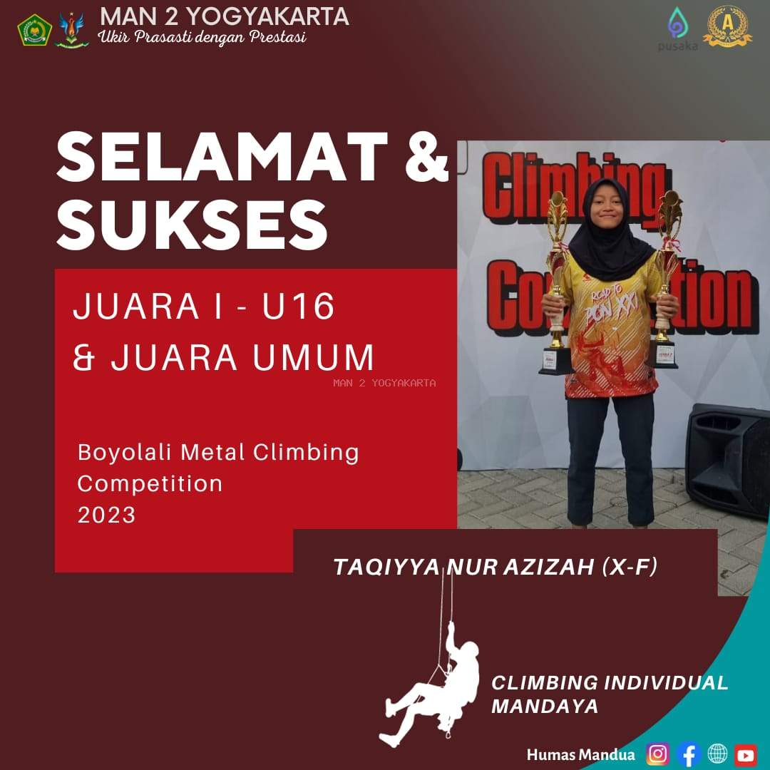 Taqiya Nur Azizah Siswa KKO MAN 2 Yogyakarta, Juara 1 Boyolali Metal Climbing Competition 2023