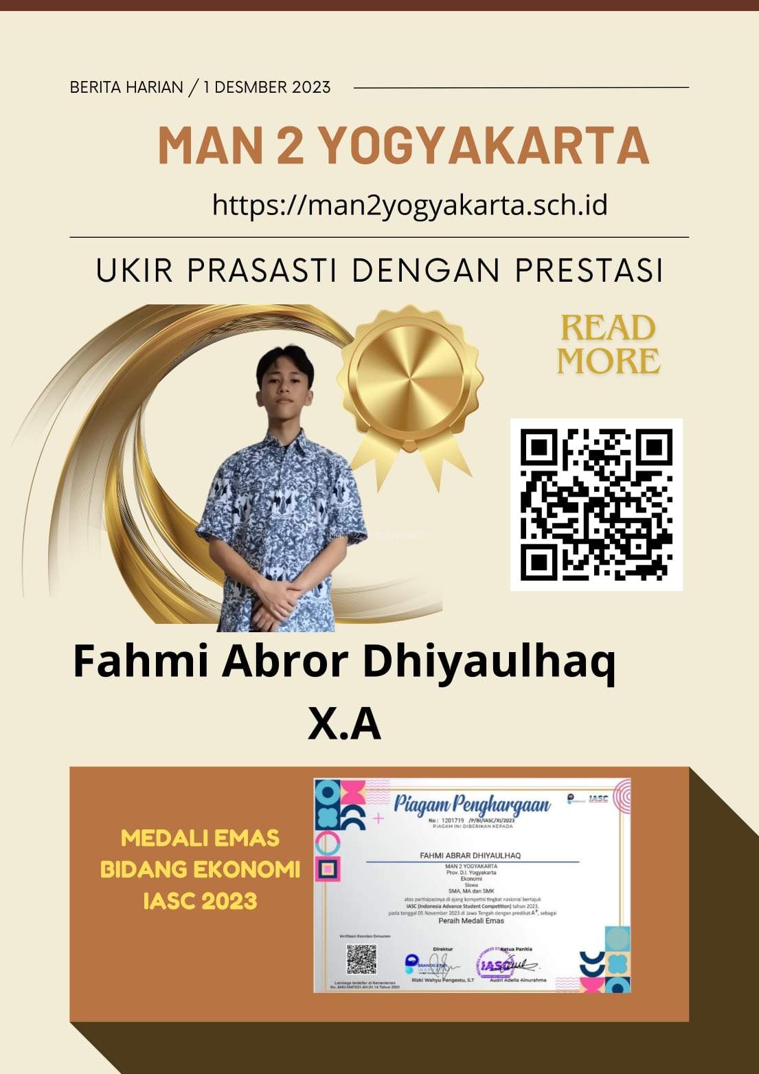 Fahmi Abrar Dhiyaulhaq, Siswa MAN 2 Yogyakarta Sabet Medali Emas IASC 2023