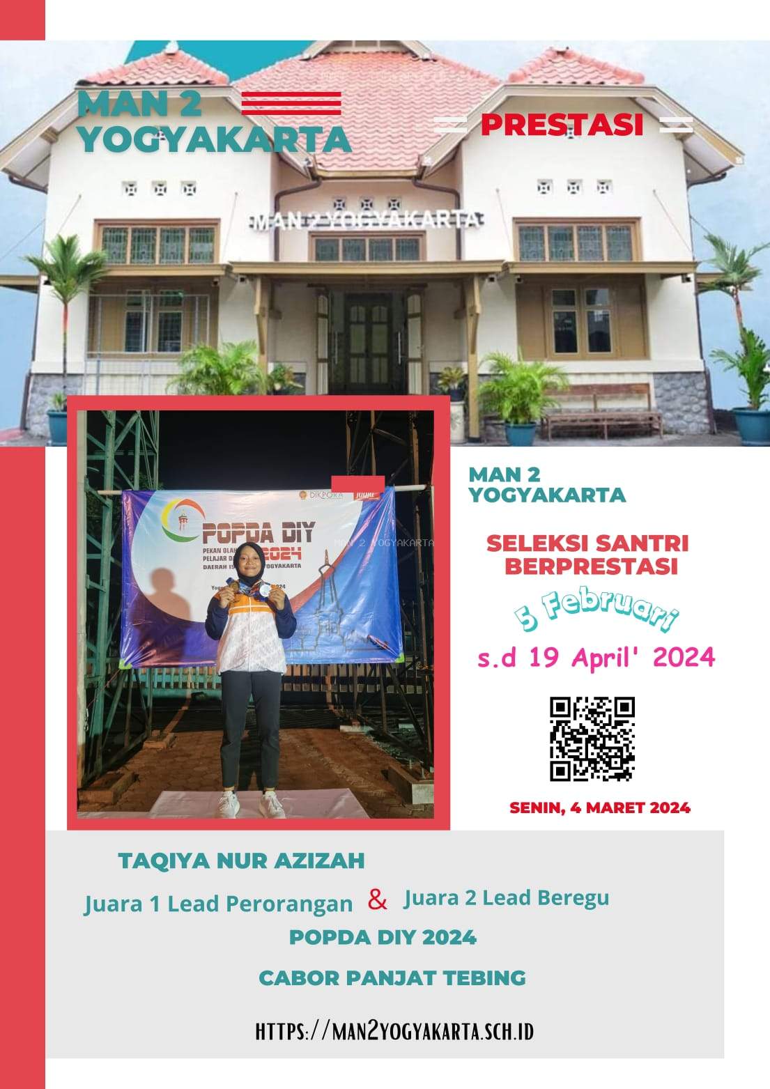  Taqiya Nur Azizah Siswa KKO MAN 2 Yogyakarta Juara 1 Lead Perorangan dan Juara 2 Lead Beregu POPDA DIY 2024 Cabor Panjat Tebing