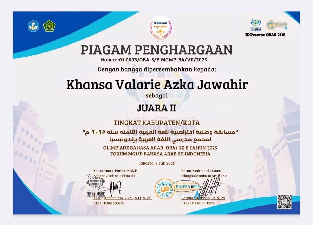 Siswa MAN 2 Yogyakarta : Khansa Valarie Azka Jawahir Raih Juara II Olimpiade Bahasa Arab Tingkat Kota Yogyakarta