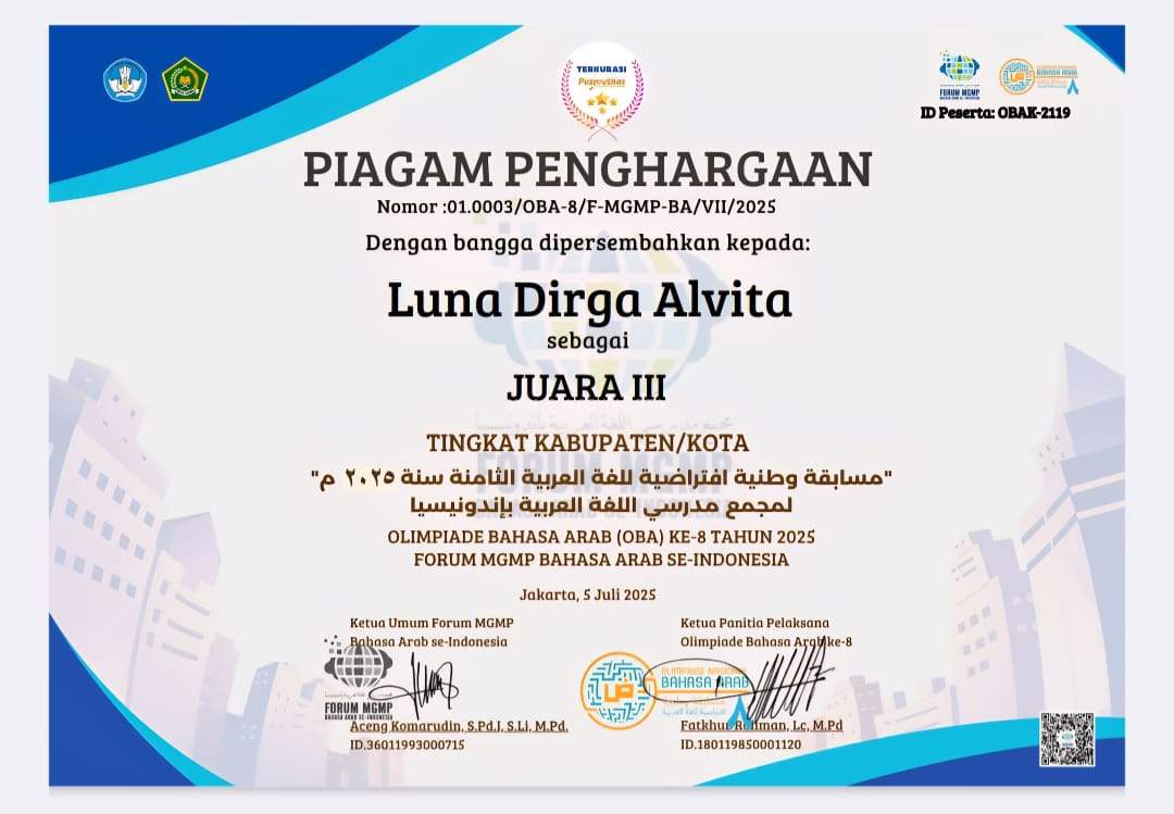 Luna Dirga Alvita, Siswa MAN 2 Yogyakarta Raih Juara III Olimpiade Bahasa Arab ke-8 Tingkat Kota Yogyakarta