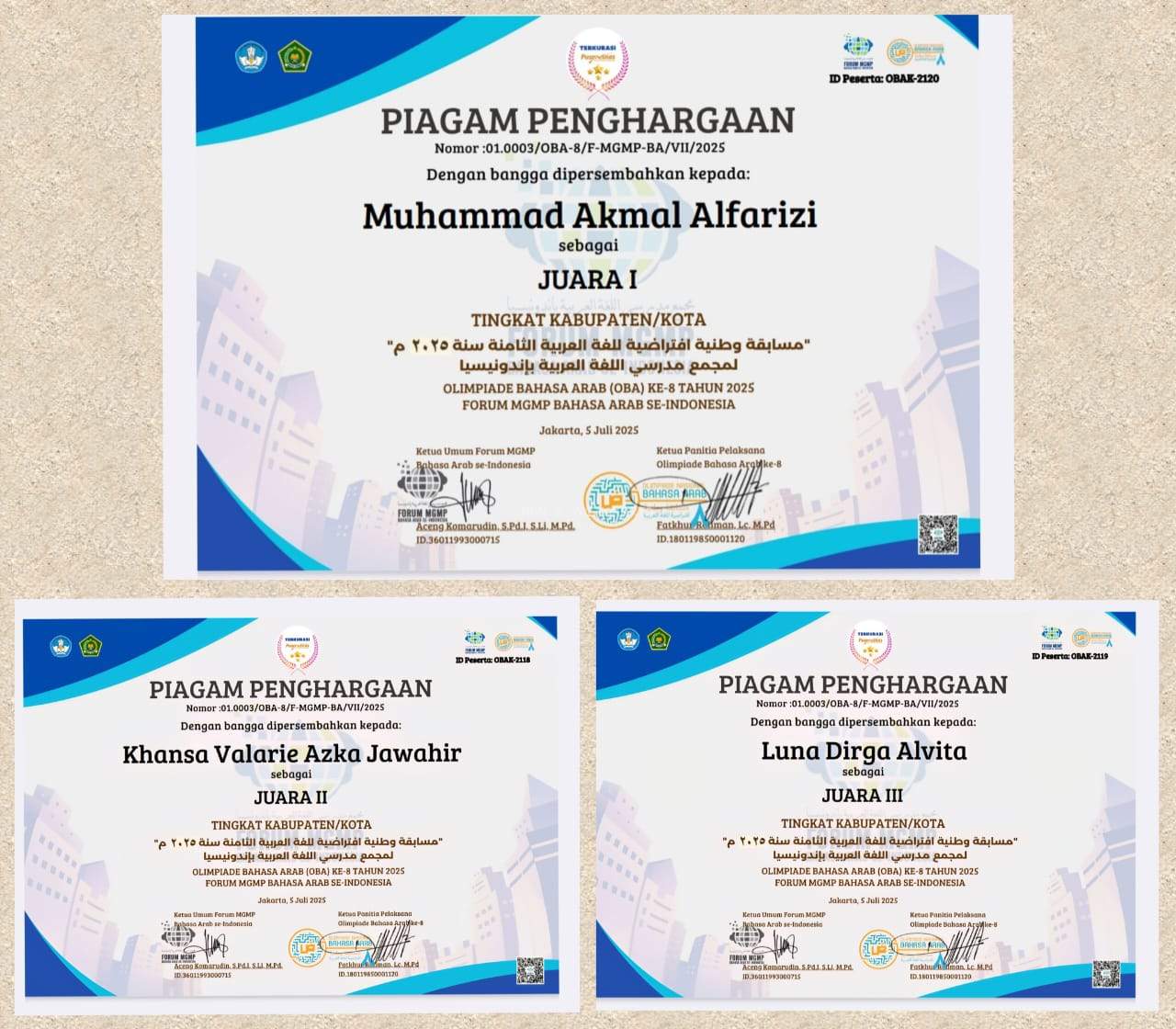 Tiga Siswa MAN 2 Yogyakarta Sapu Bersih Juara Olimpiade Bahasa Arab ke-8 Tingkat Kota Yogyakarta