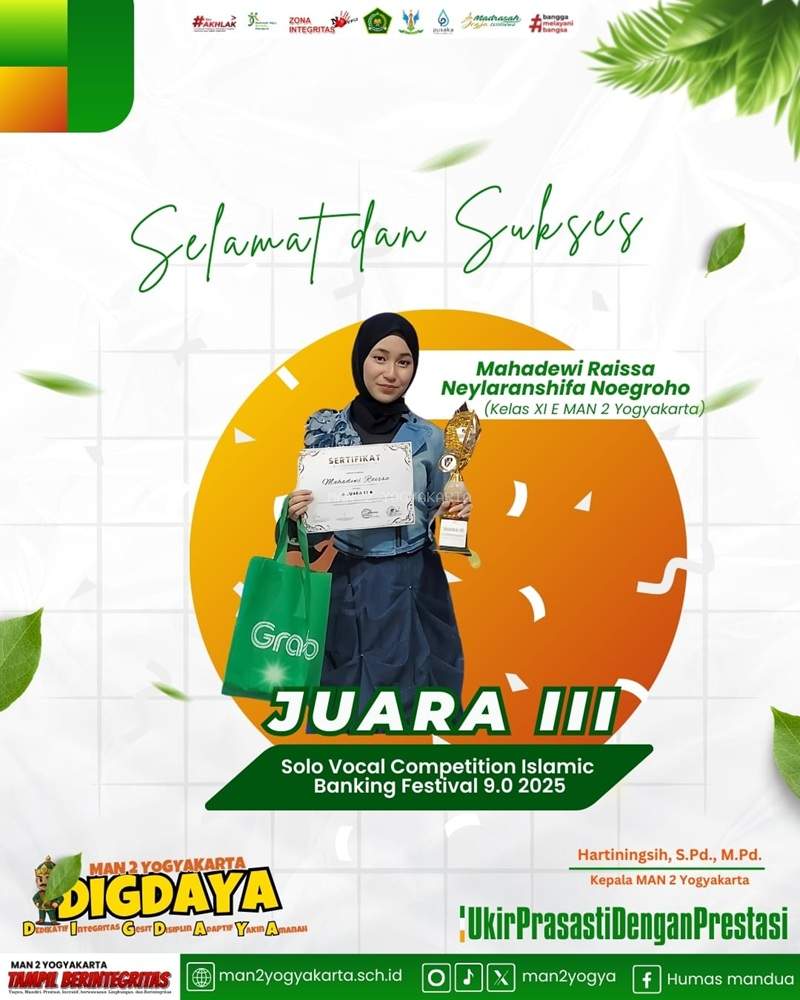 Murid MAN 2 Yogyakarta, Mahadewi Raissa Neylaranshifa Raih Juara 3 Solo Vocal Competition Tingkat DIY & Umum