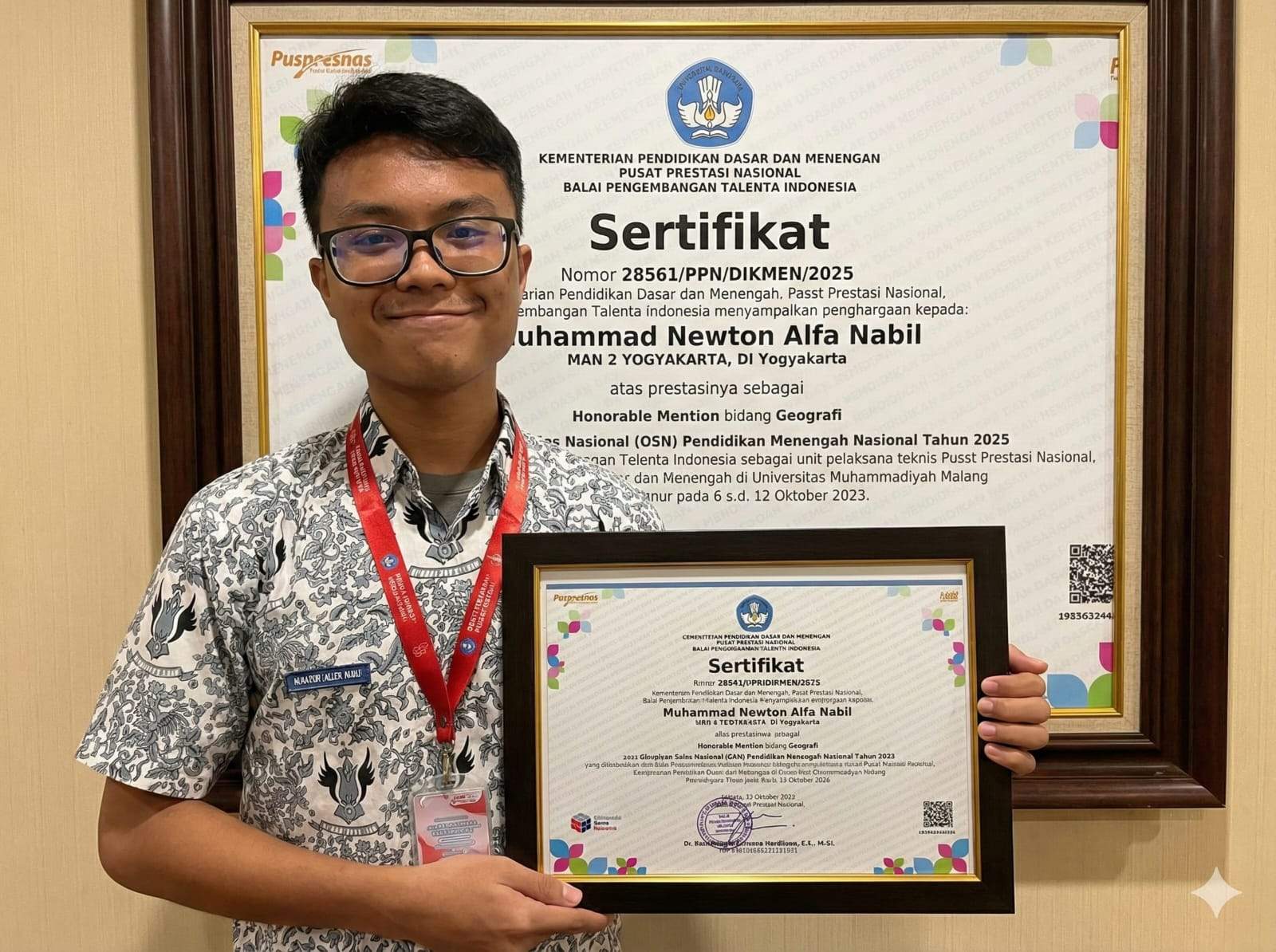 Penghargaan untuk Muhammad Newton Alfa Nabil Peraih Honorable Mention Geografi pada OSN 2025