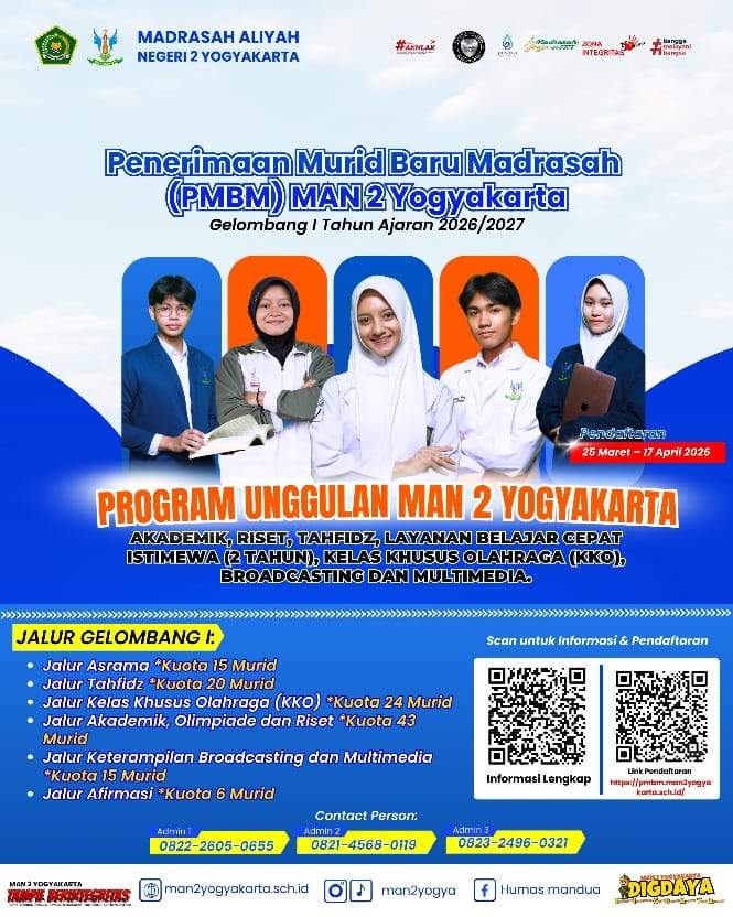 Madrasah Multi Tipologi, MAN 2 Yogyakarta Buka PMBM Gelombang I Tahun Ajaran 2026/2027